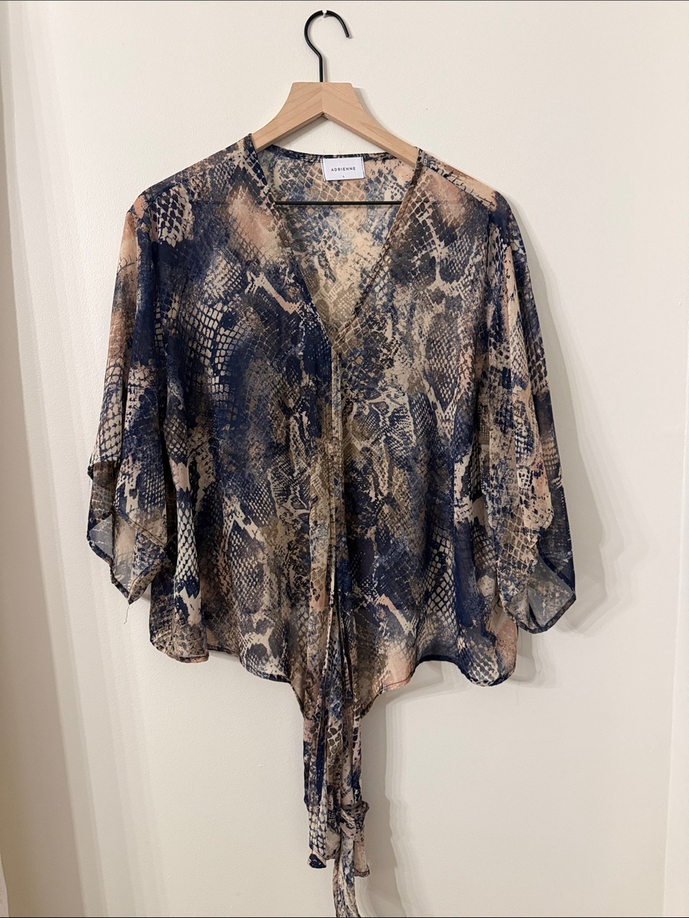 Adrienne Navy and Tan Sheer Snake-Print Tie Front Blouse